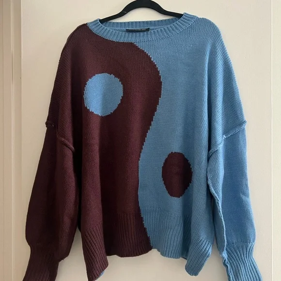 Dressed in LALA Yin Yang Sweater in Blue and Brown - Picture 1 of 3